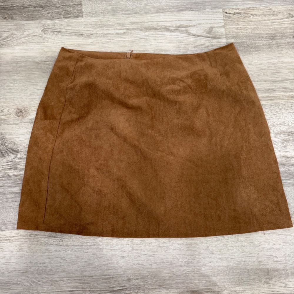 Cider Womens Brown Faux Suede Mini Skirt Size L Camel Tan A-Line Zip Back